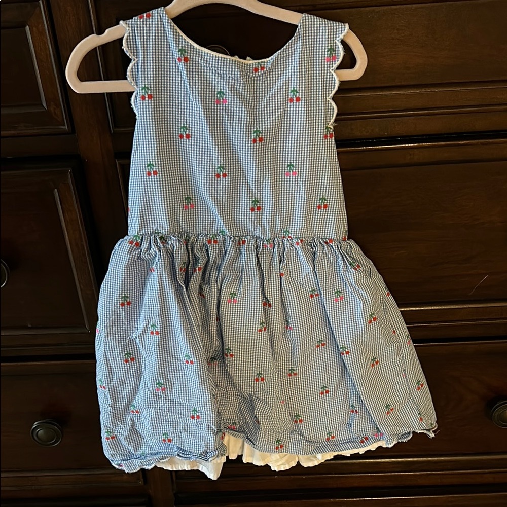 Baby Boden Blue Gingham Kids Dress with Cherry Print